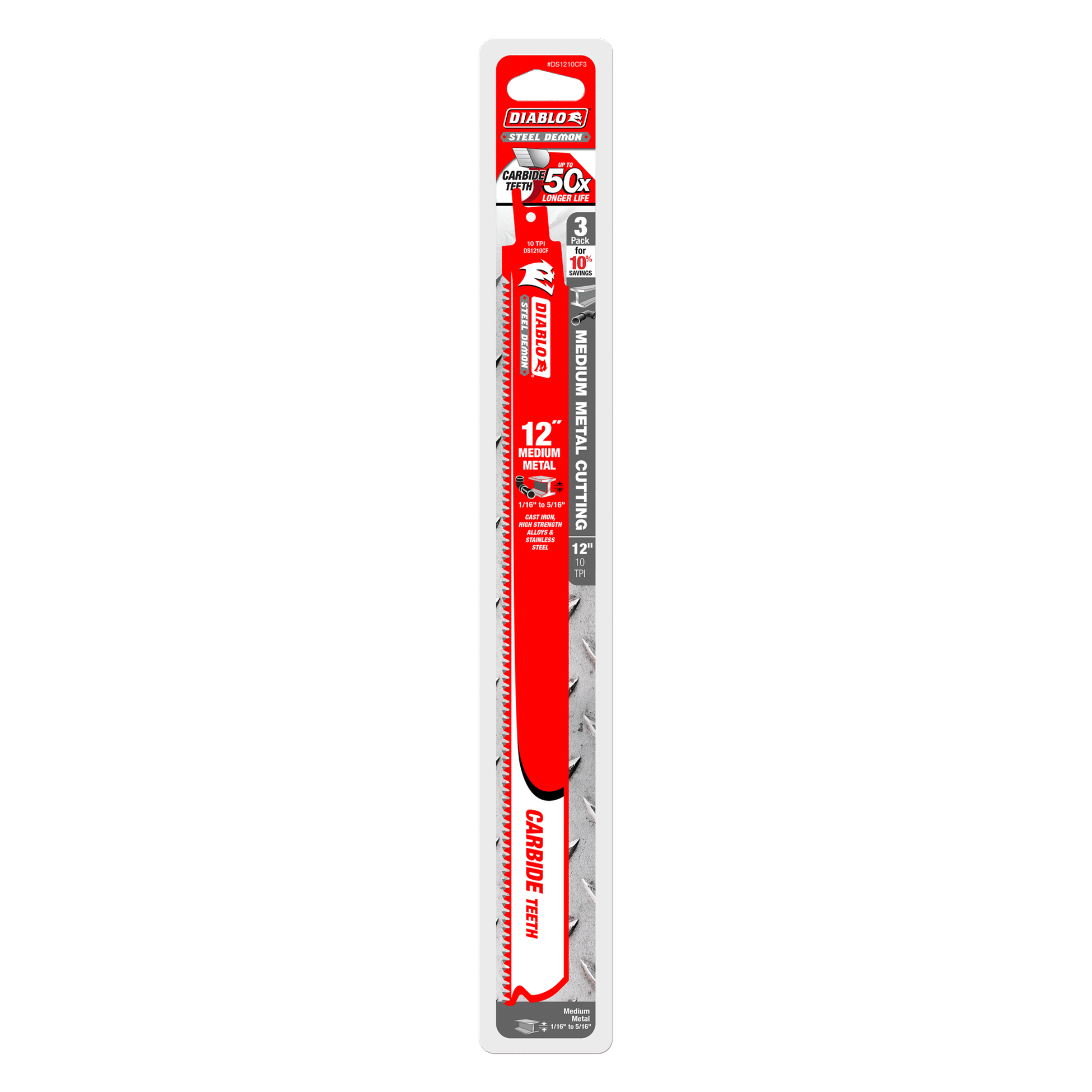 The Diablo DS1210CF3 packaging is long and slim, featuring red and white branding. It includes a 12-inch, 10 TPI carbide teeth blade designed for medium metal cutting, ensuring exceptional durability.